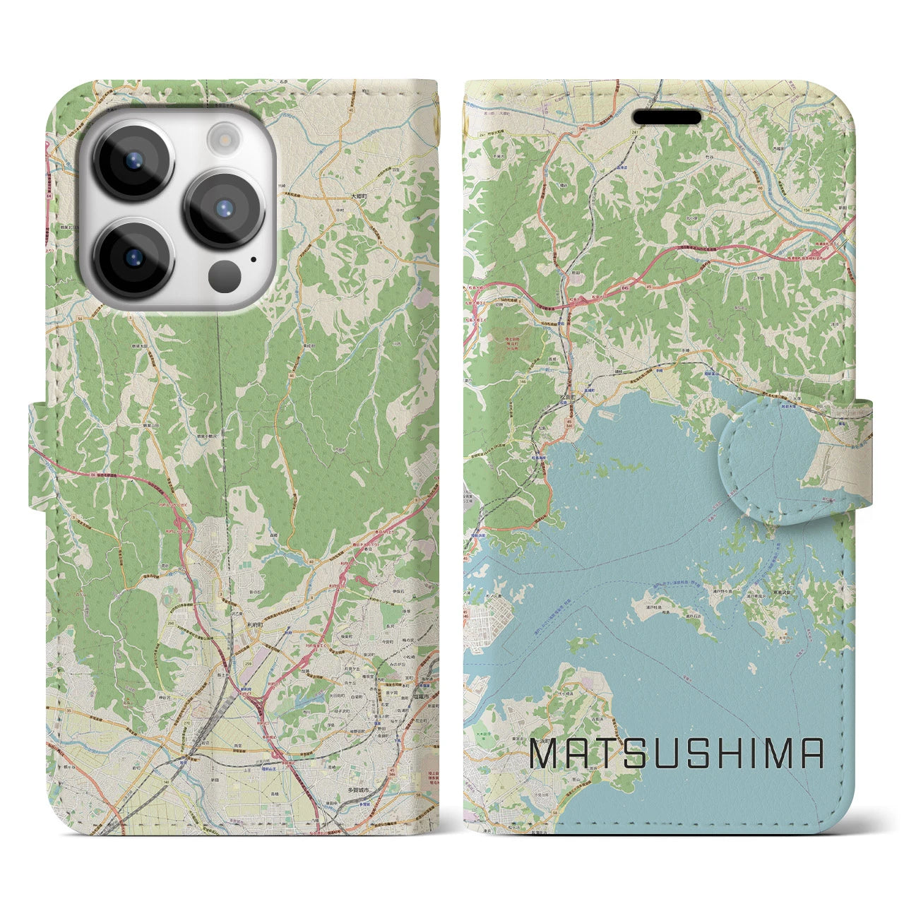 【松島】地図柄iPhoneケース（手帳両面タイプ・ナチュラル）iPhone 14 Pro 用