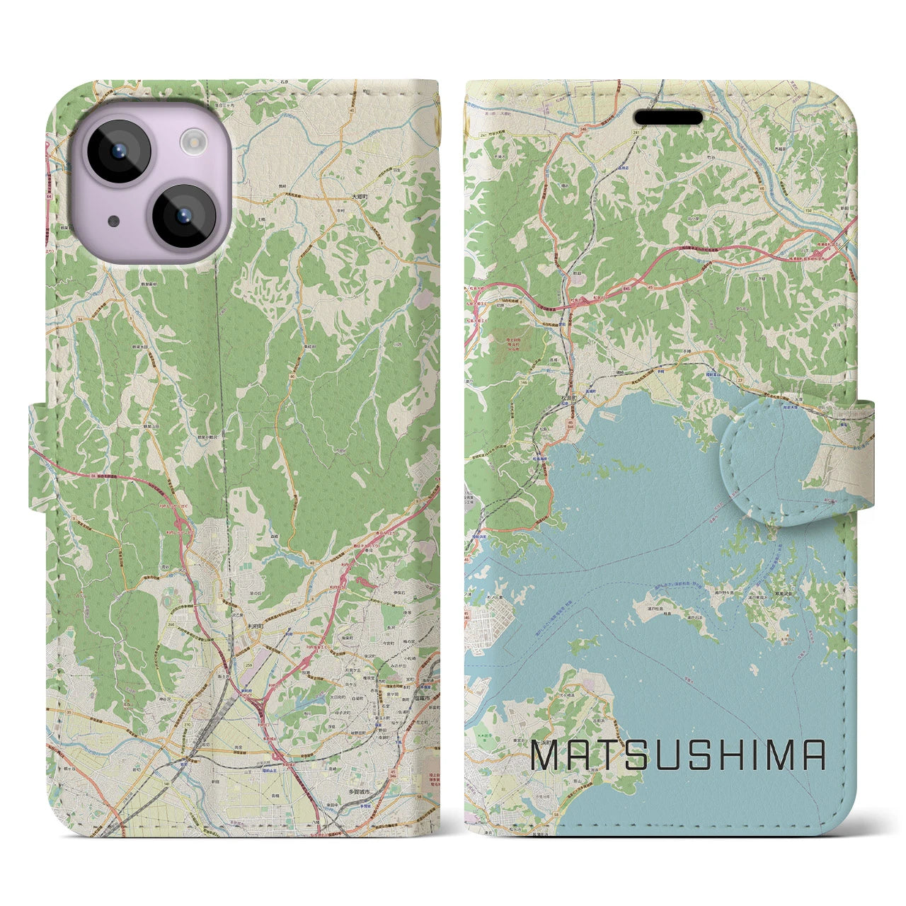 【松島】地図柄iPhoneケース（手帳両面タイプ・ナチュラル）iPhone 14 用
