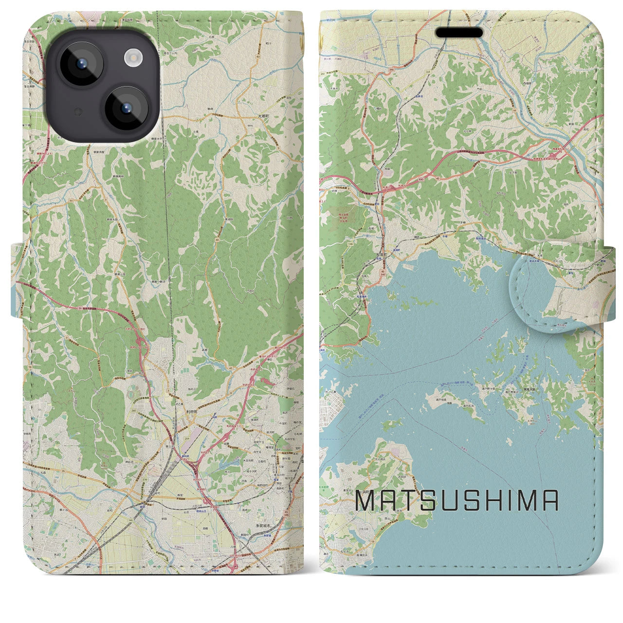 【松島】地図柄iPhoneケース（手帳両面タイプ・ナチュラル）iPhone 14 Plus 用