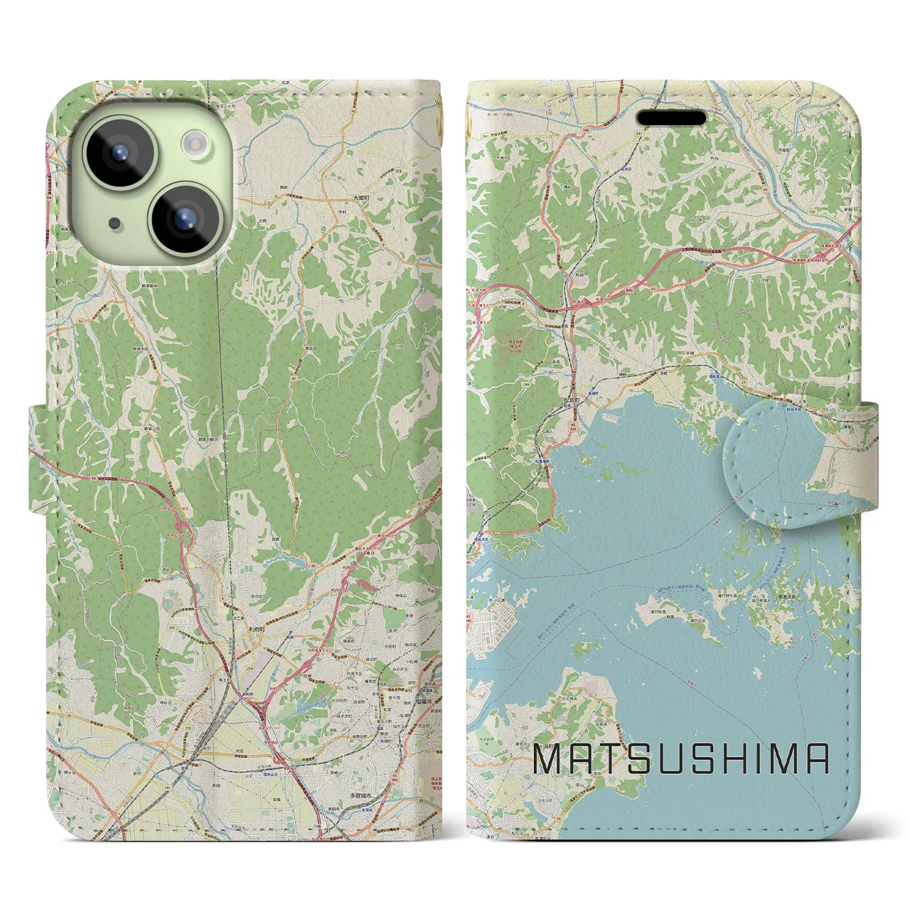 【松島】地図柄iPhoneケース（手帳両面タイプ・ナチュラル）iPhone 15 用
