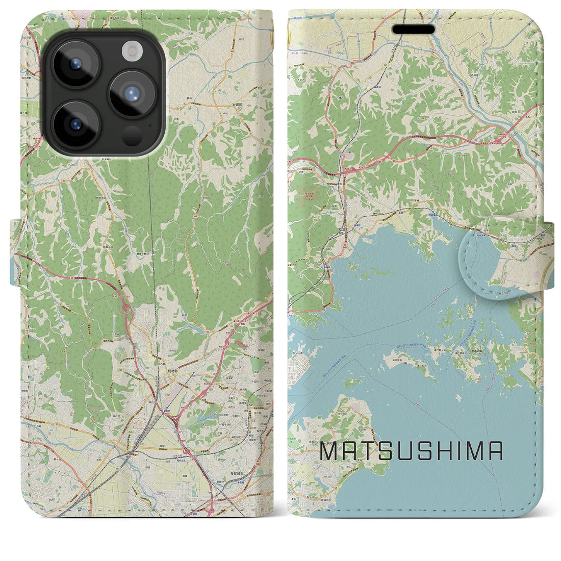 【松島】地図柄iPhoneケース（手帳両面タイプ・ナチュラル）iPhone 15 Pro Max 用