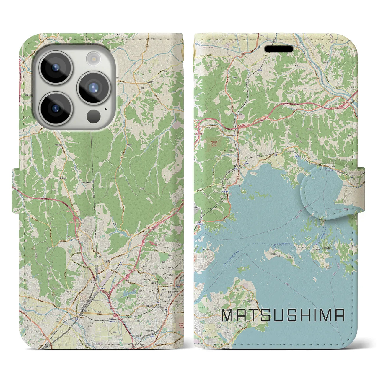 【松島】地図柄iPhoneケース（手帳両面タイプ・ナチュラル）iPhone 15 Pro 用