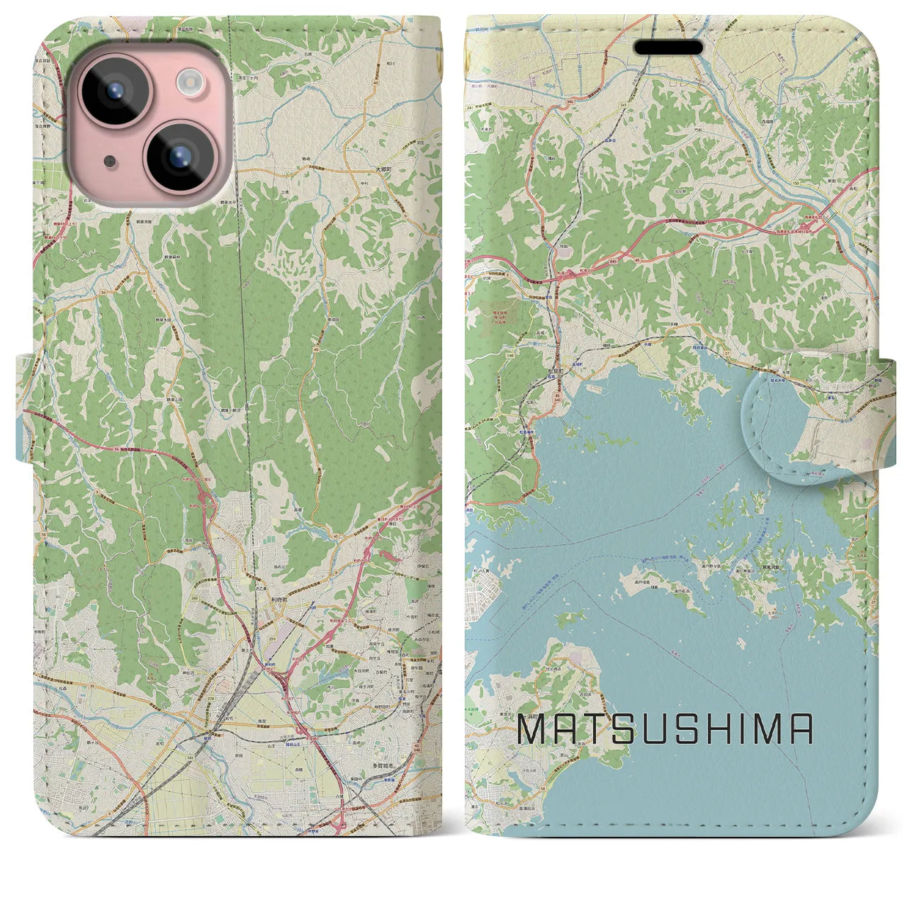 【松島】地図柄iPhoneケース（手帳両面タイプ・ナチュラル）iPhone 15 Plus 用