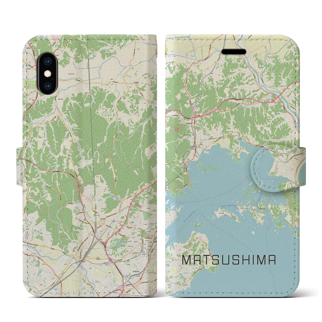 【松島】地図柄iPhoneケース（手帳両面タイプ・ナチュラル）iPhone XS / X 用