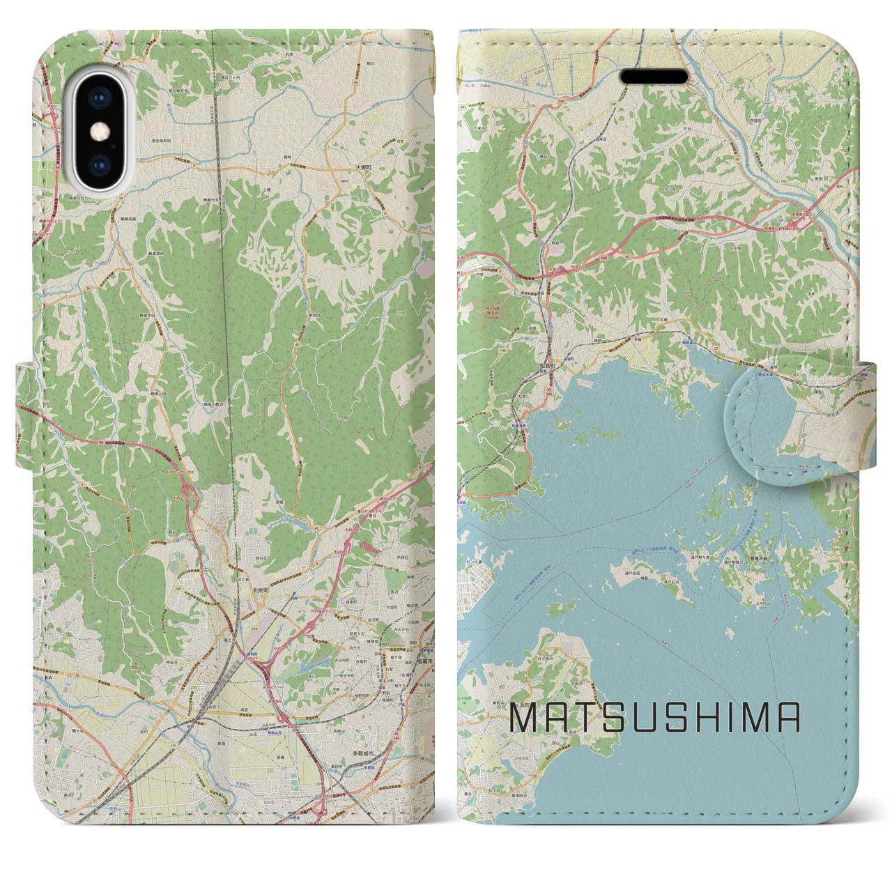 【松島】地図柄iPhoneケース（手帳両面タイプ・ナチュラル）iPhone XS Max 用