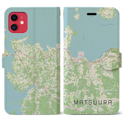【松浦（長崎県）】地図柄iPhoneケース（手帳タイプ）ナチュラル・iPhone 11 用
