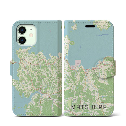 【松浦（長崎県）】地図柄iPhoneケース（手帳タイプ）ナチュラル・iPhone 12 mini 用