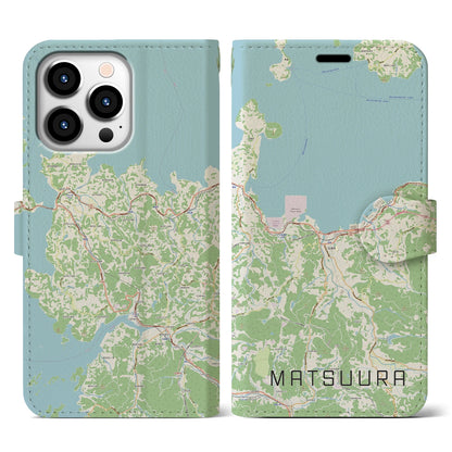 【松浦（長崎県）】地図柄iPhoneケース（手帳タイプ）ナチュラル・iPhone 13 Pro 用