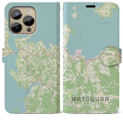 【松浦（長崎県）】地図柄iPhoneケース（手帳タイプ）ナチュラル・iPhone 14 Pro Max 用