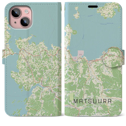 【松浦（長崎県）】地図柄iPhoneケース（手帳タイプ）ナチュラル・iPhone 15 Plus 用