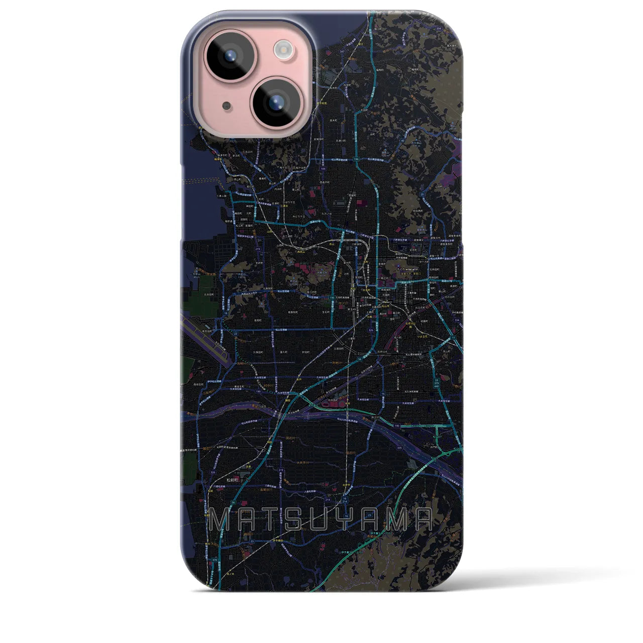 【松山】地図柄iPhoneケース（バックカバータイプ・ブラック）iPhone 15 Plus 用