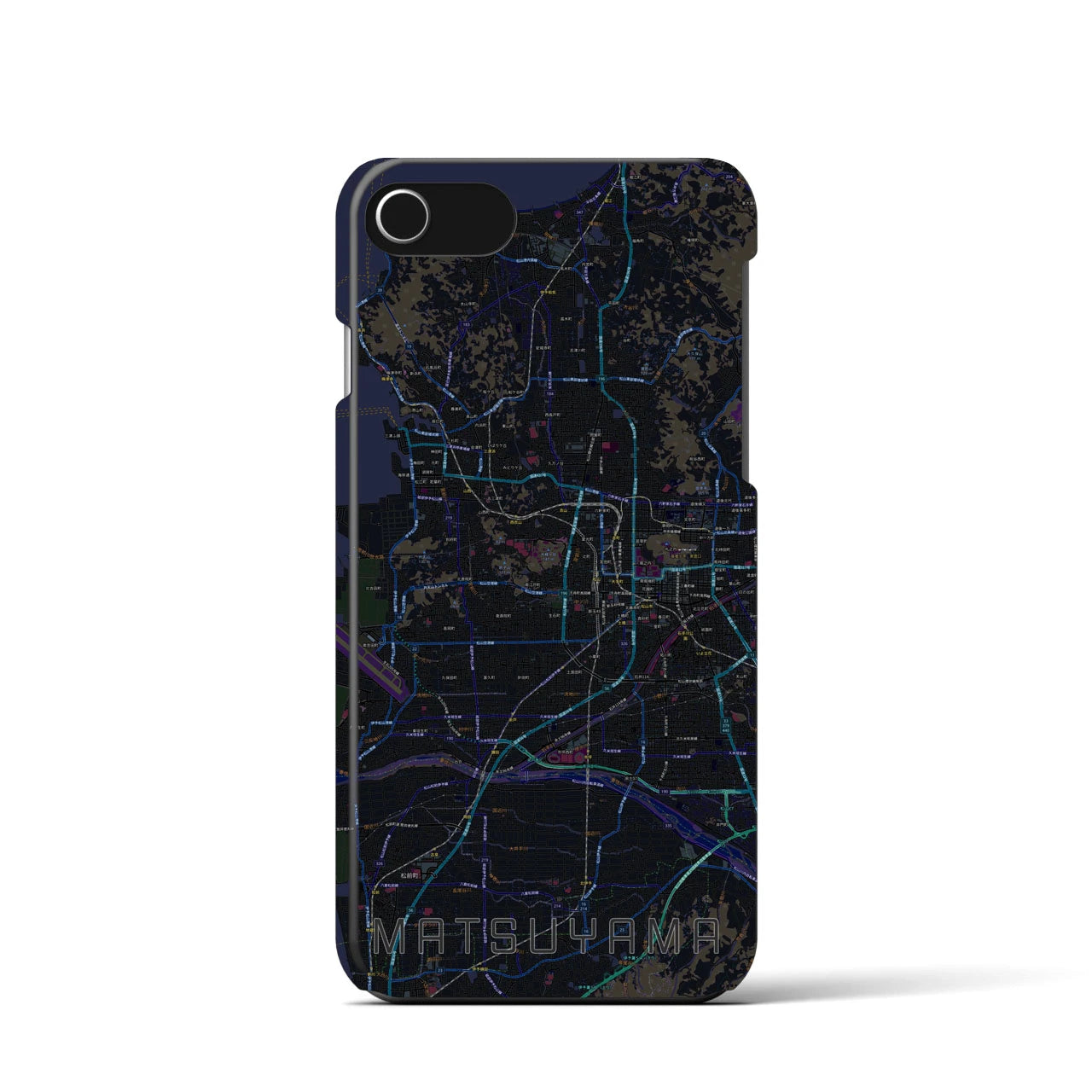 【松山】地図柄iPhoneケース（バックカバータイプ・ブラック）iPhone SE（第3 / 第2世代） / 8 / 7 / 6s / 6 用