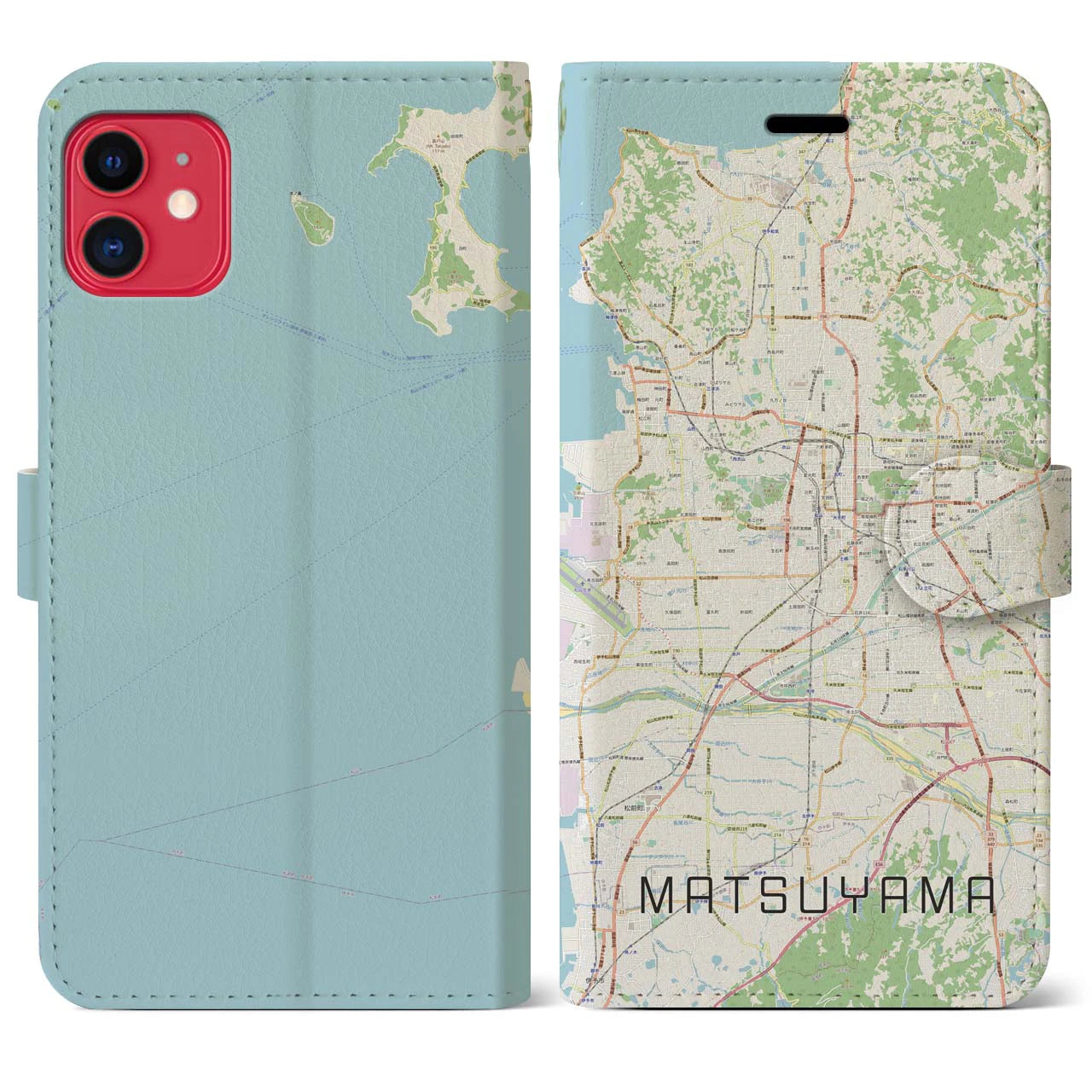 【松山】地図柄iPhoneケース（手帳両面タイプ・ナチュラル）iPhone 11 用