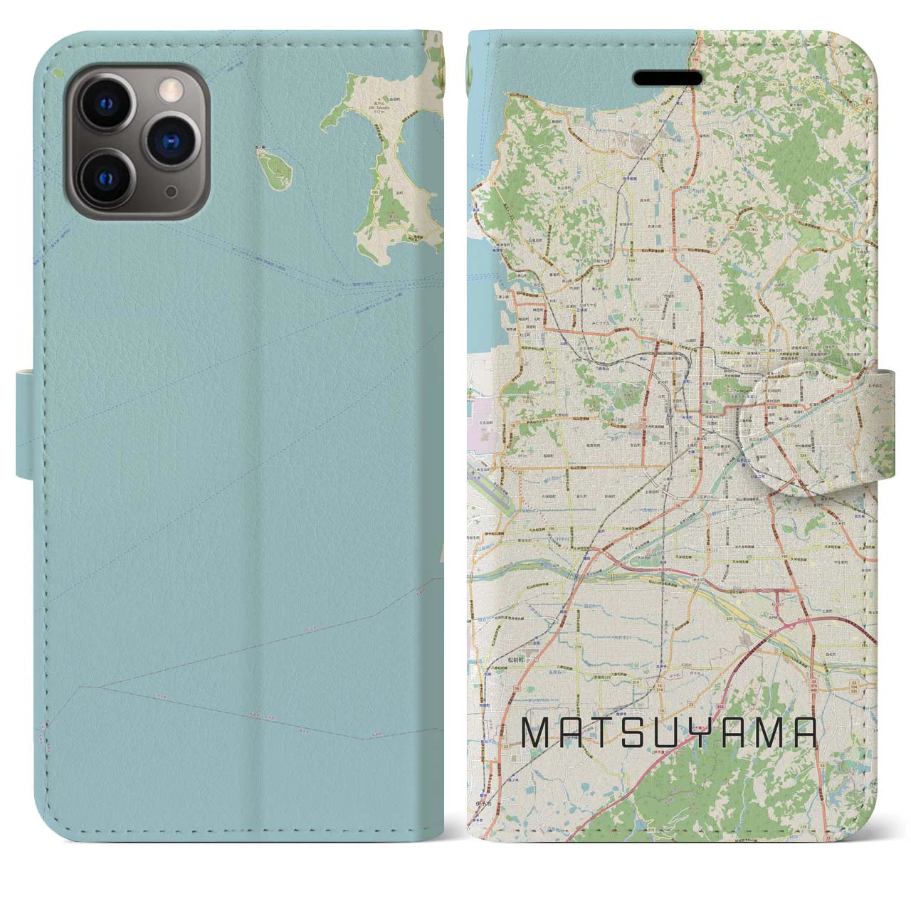【松山】地図柄iPhoneケース（手帳両面タイプ・ナチュラル）iPhone 11 Pro Max 用