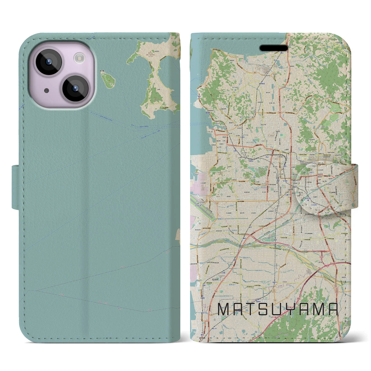 【松山】地図柄iPhoneケース（手帳両面タイプ・ナチュラル）iPhone 14 用