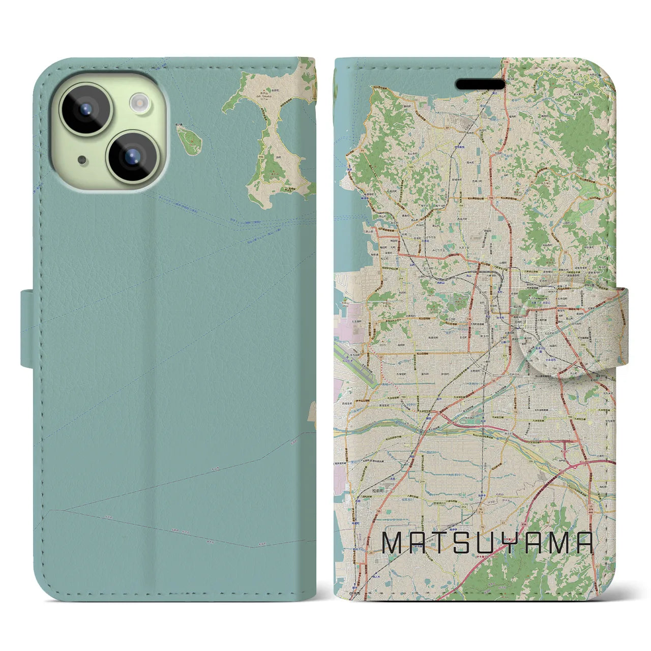 【松山】地図柄iPhoneケース（手帳両面タイプ・ナチュラル）iPhone 15 用