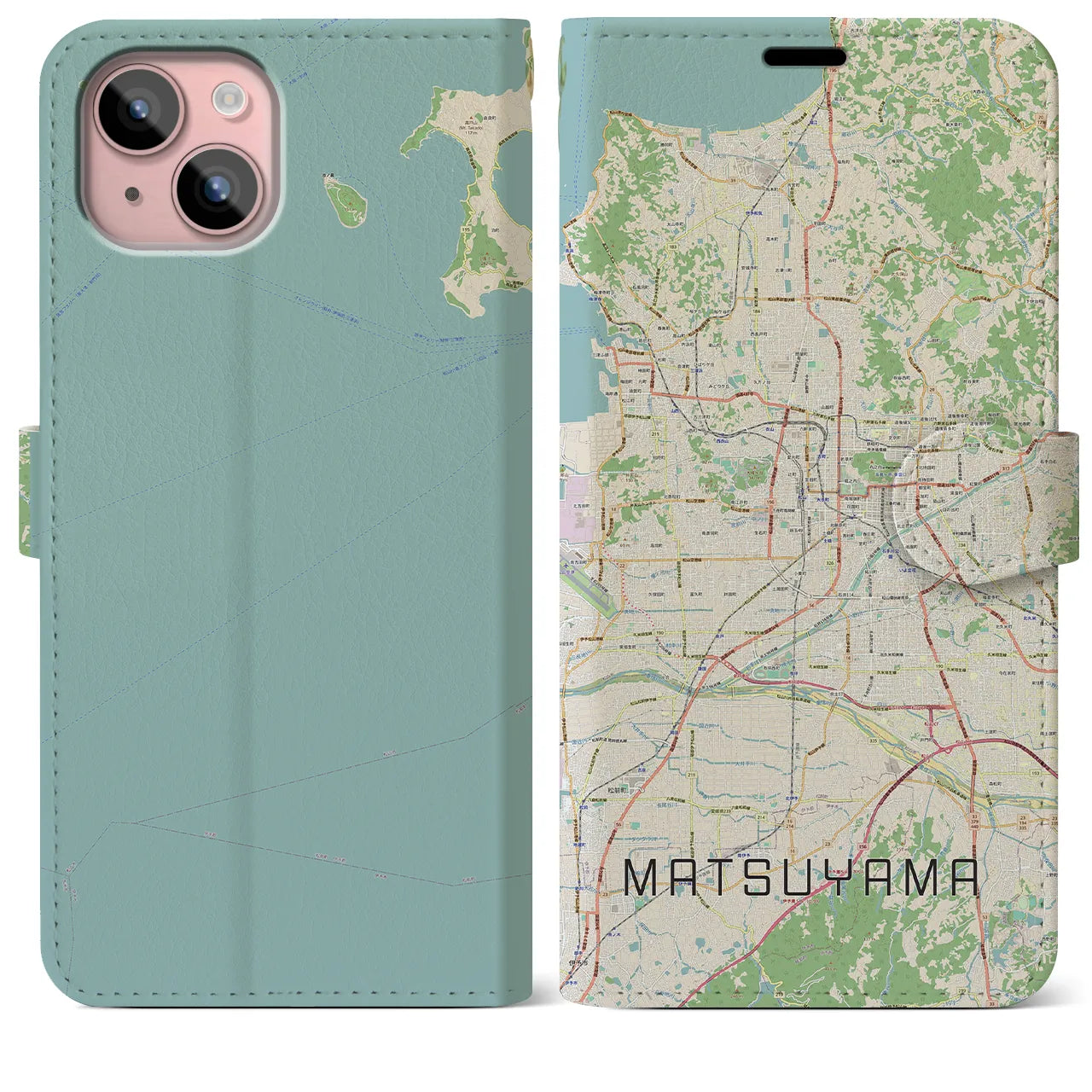 【松山】地図柄iPhoneケース（手帳両面タイプ・ナチュラル）iPhone 15 Plus 用