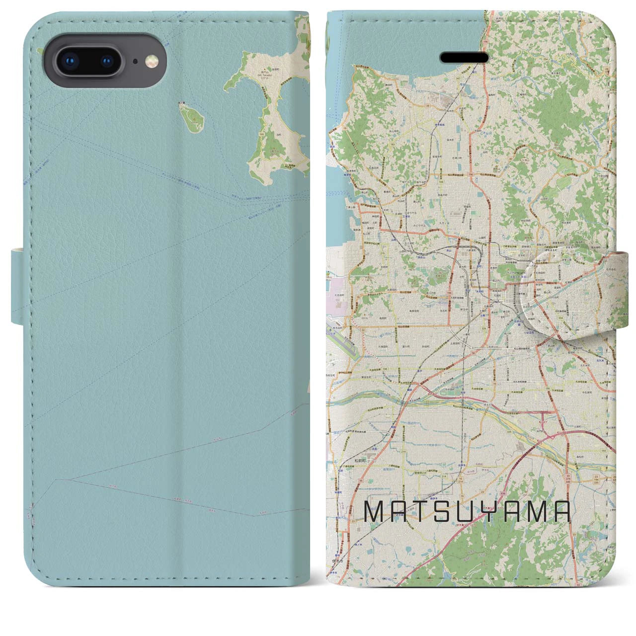 【松山】地図柄iPhoneケース（手帳両面タイプ・ナチュラル）iPhone 8Plus /7Plus / 6sPlus / 6Plus 用