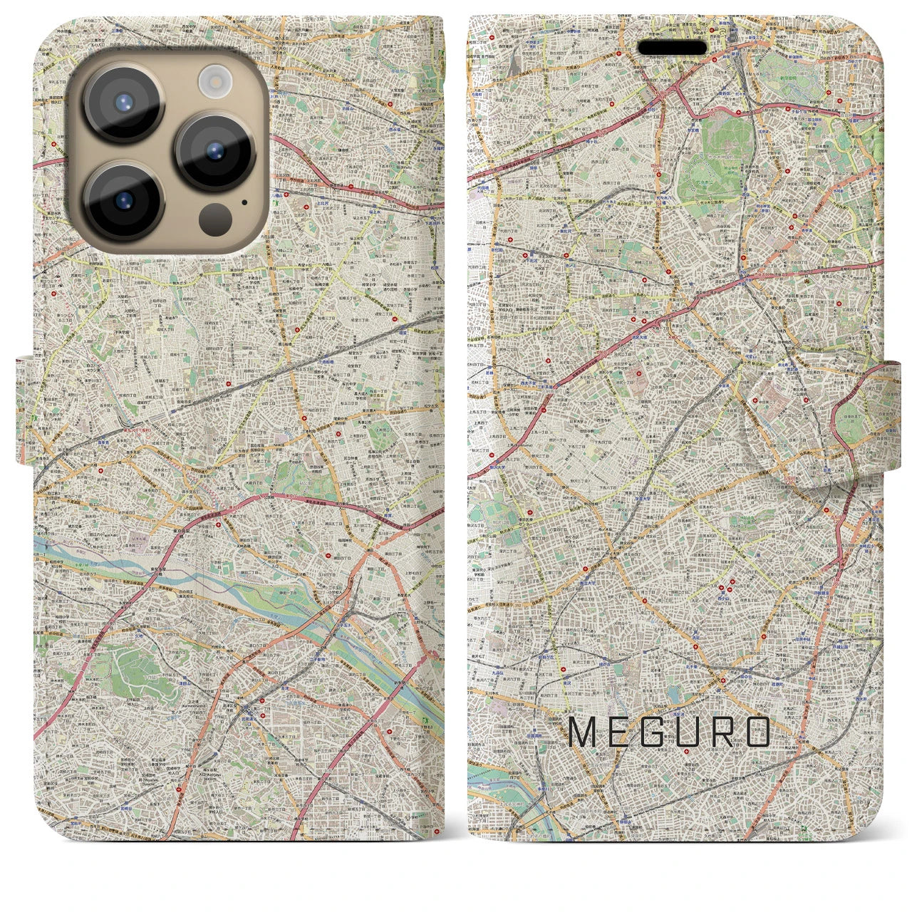 【目黒2】地図柄iPhoneケース（手帳両面タイプ・ナチュラル）iPhone 14 Pro Max 用