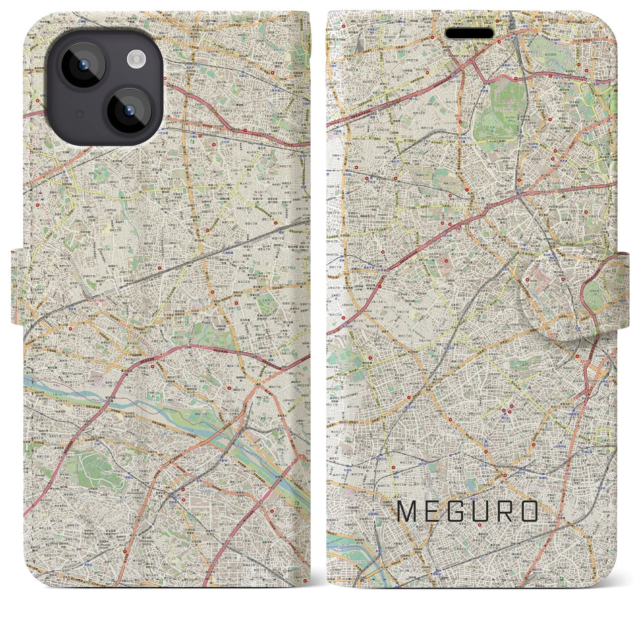 【目黒2】地図柄iPhoneケース（手帳両面タイプ・ナチュラル）iPhone 14 Plus 用
