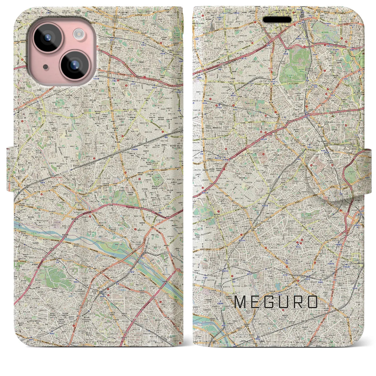 【目黒2】地図柄iPhoneケース（手帳両面タイプ・ナチュラル）iPhone 15 Plus 用