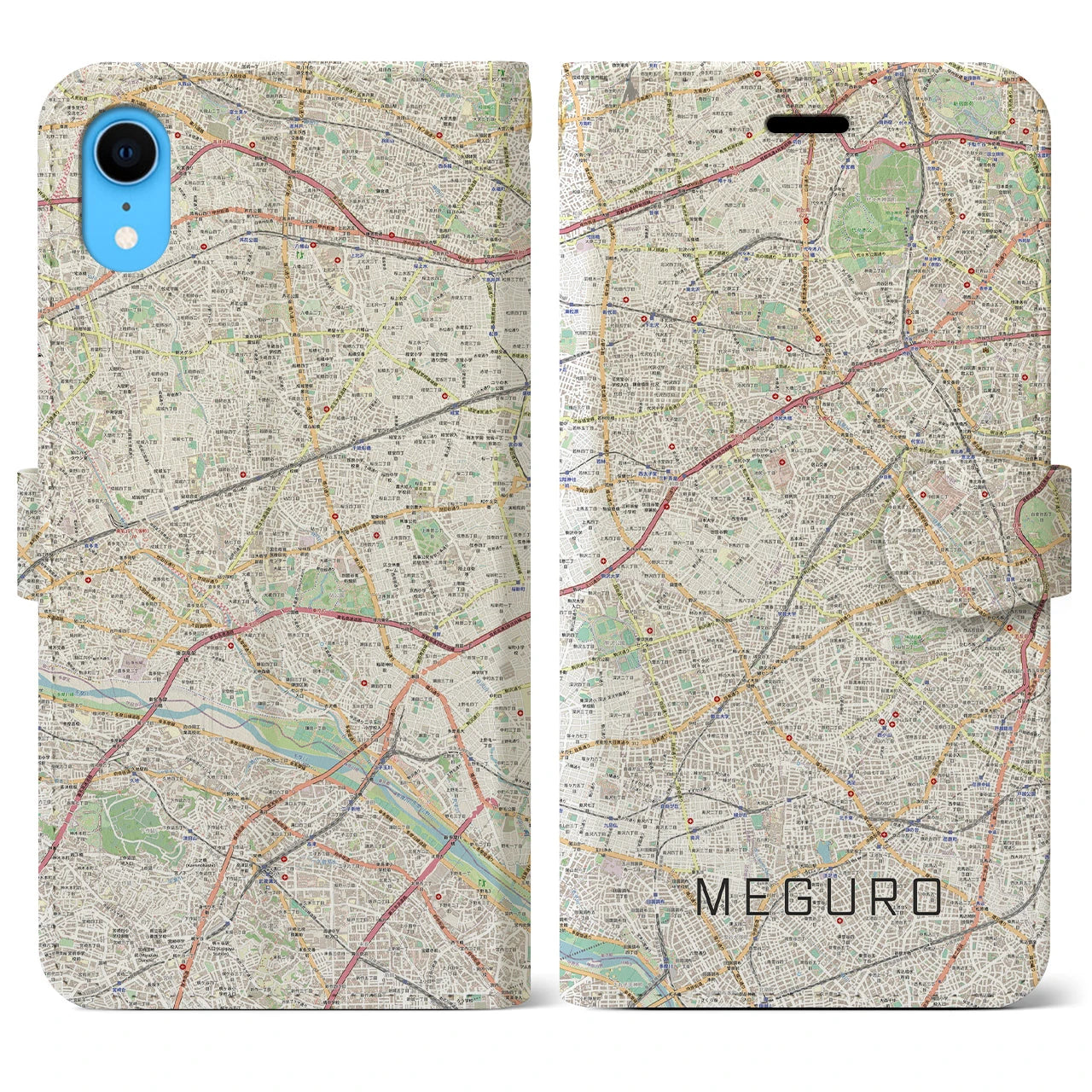 【目黒2】地図柄iPhoneケース（手帳両面タイプ・ナチュラル）iPhone XR 用