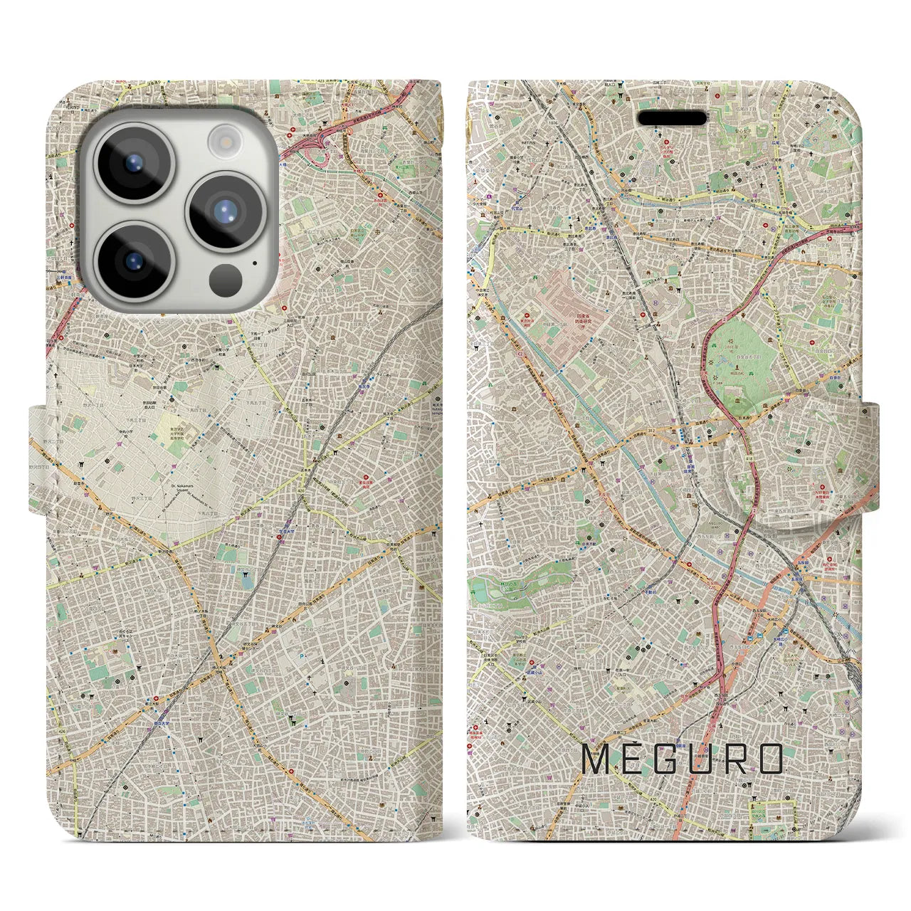 【目黒】地図柄iPhoneケース（手帳両面タイプ・ナチュラル）iPhone 15 Pro 用
