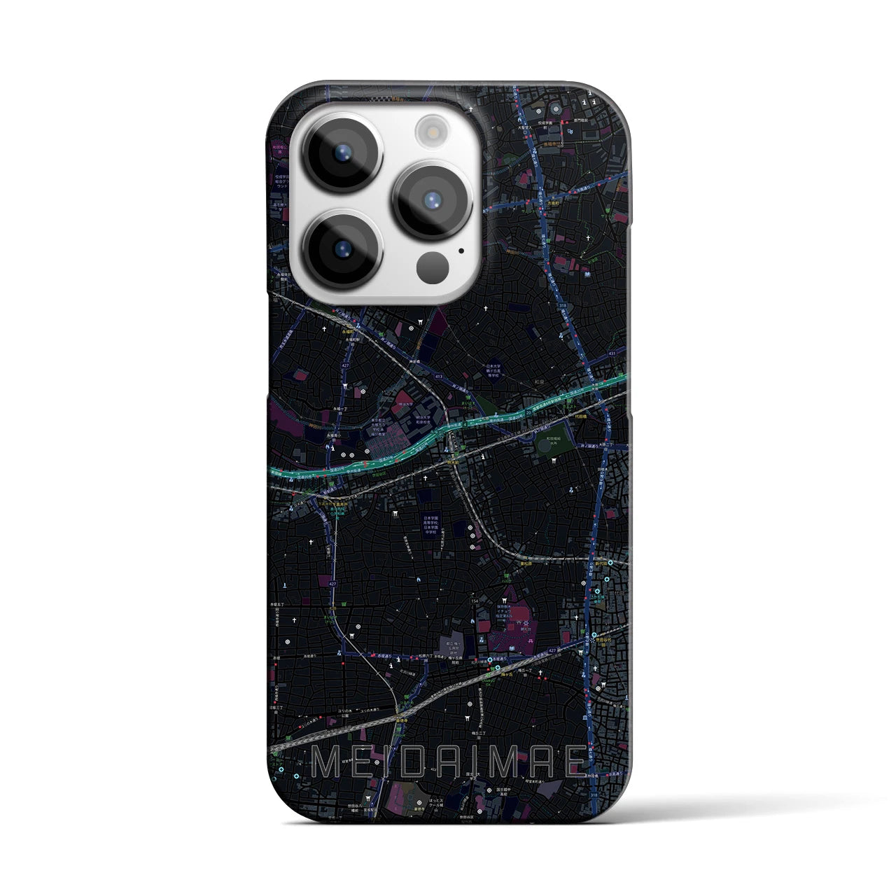 【明大前】地図柄iPhoneケース（バックカバータイプ・ブラック）iPhone 14 Pro 用