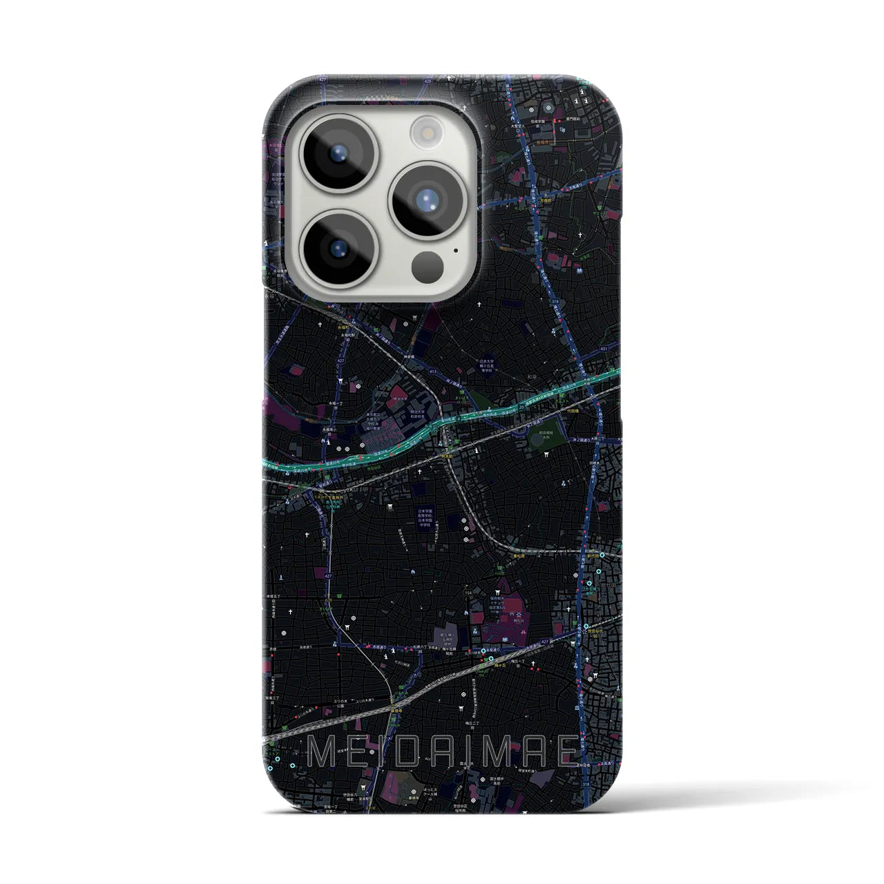 【明大前】地図柄iPhoneケース（バックカバータイプ・ブラック）iPhone 15 Pro 用