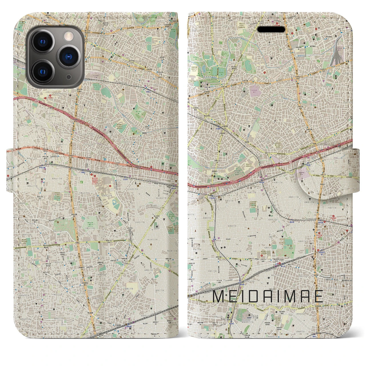 【明大前】地図柄iPhoneケース（手帳両面タイプ・ナチュラル）iPhone 11 Pro Max 用