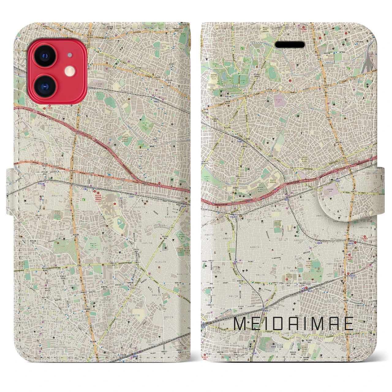 【明大前】地図柄iPhoneケース（手帳両面タイプ・ナチュラル）iPhone 11 用