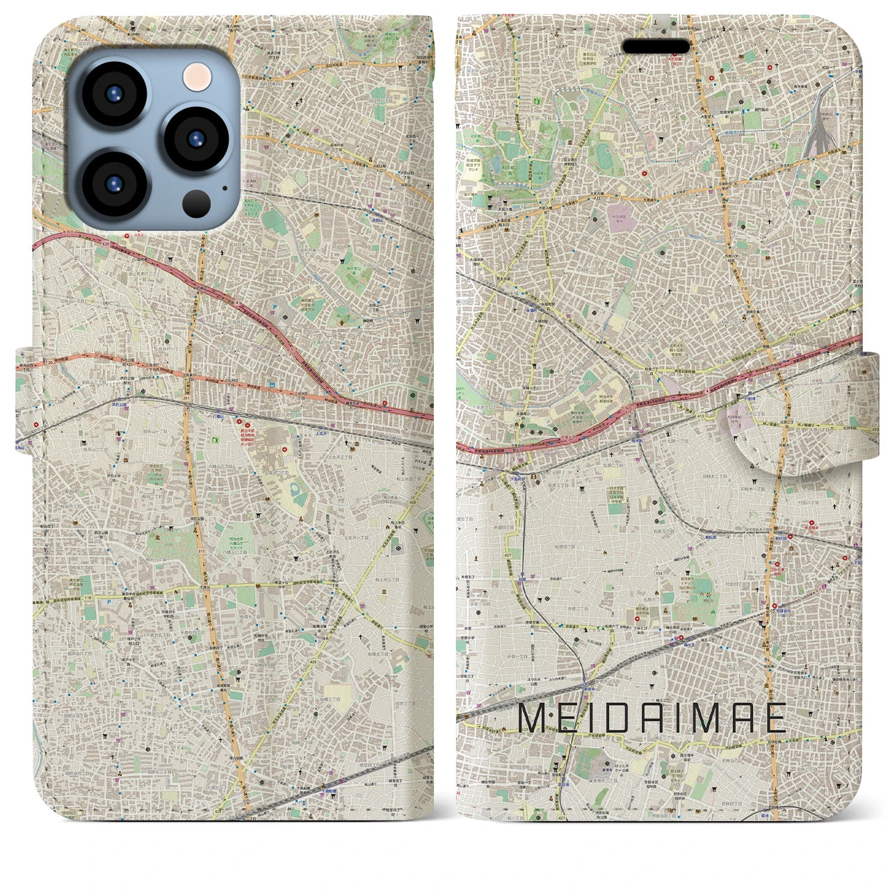 【明大前】地図柄iPhoneケース（手帳両面タイプ・ナチュラル）iPhone 13 Pro Max 用