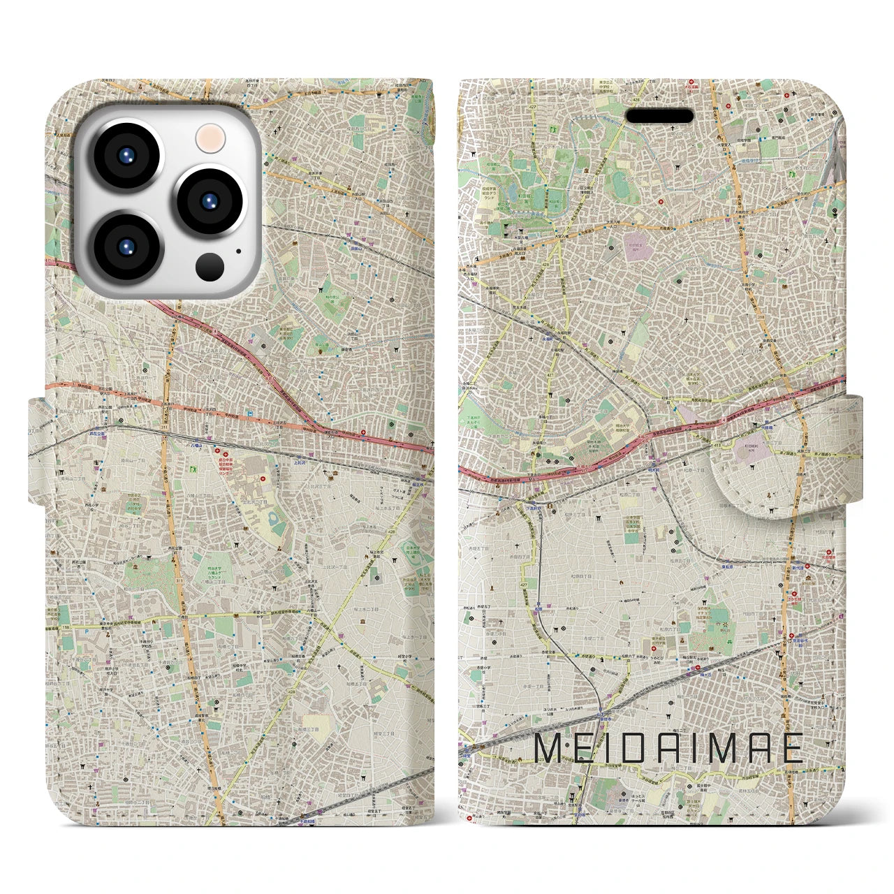 【明大前】地図柄iPhoneケース（手帳両面タイプ・ナチュラル）iPhone 13 Pro 用