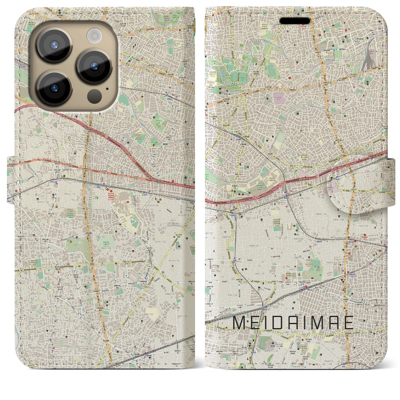 【明大前】地図柄iPhoneケース（手帳両面タイプ・ナチュラル）iPhone 14 Pro Max 用