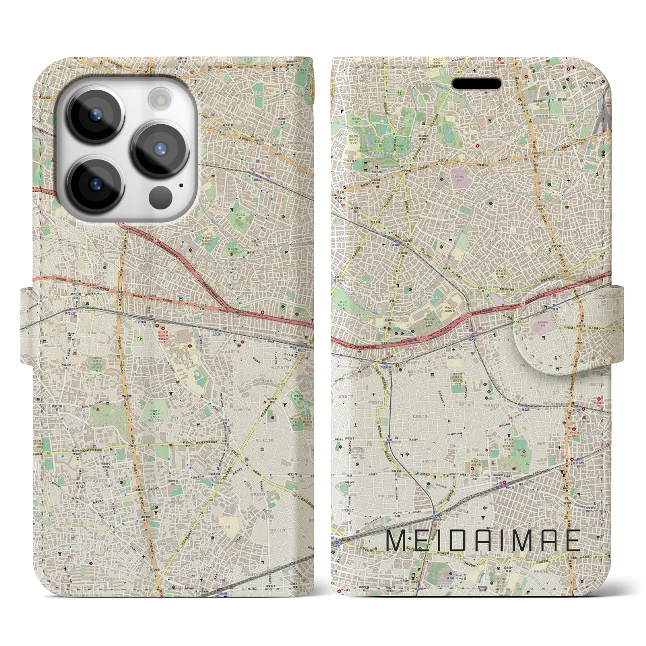 【明大前】地図柄iPhoneケース（手帳両面タイプ・ナチュラル）iPhone 14 Pro 用