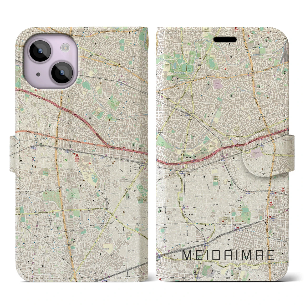 【明大前】地図柄iPhoneケース（手帳両面タイプ・ナチュラル）iPhone 14 用