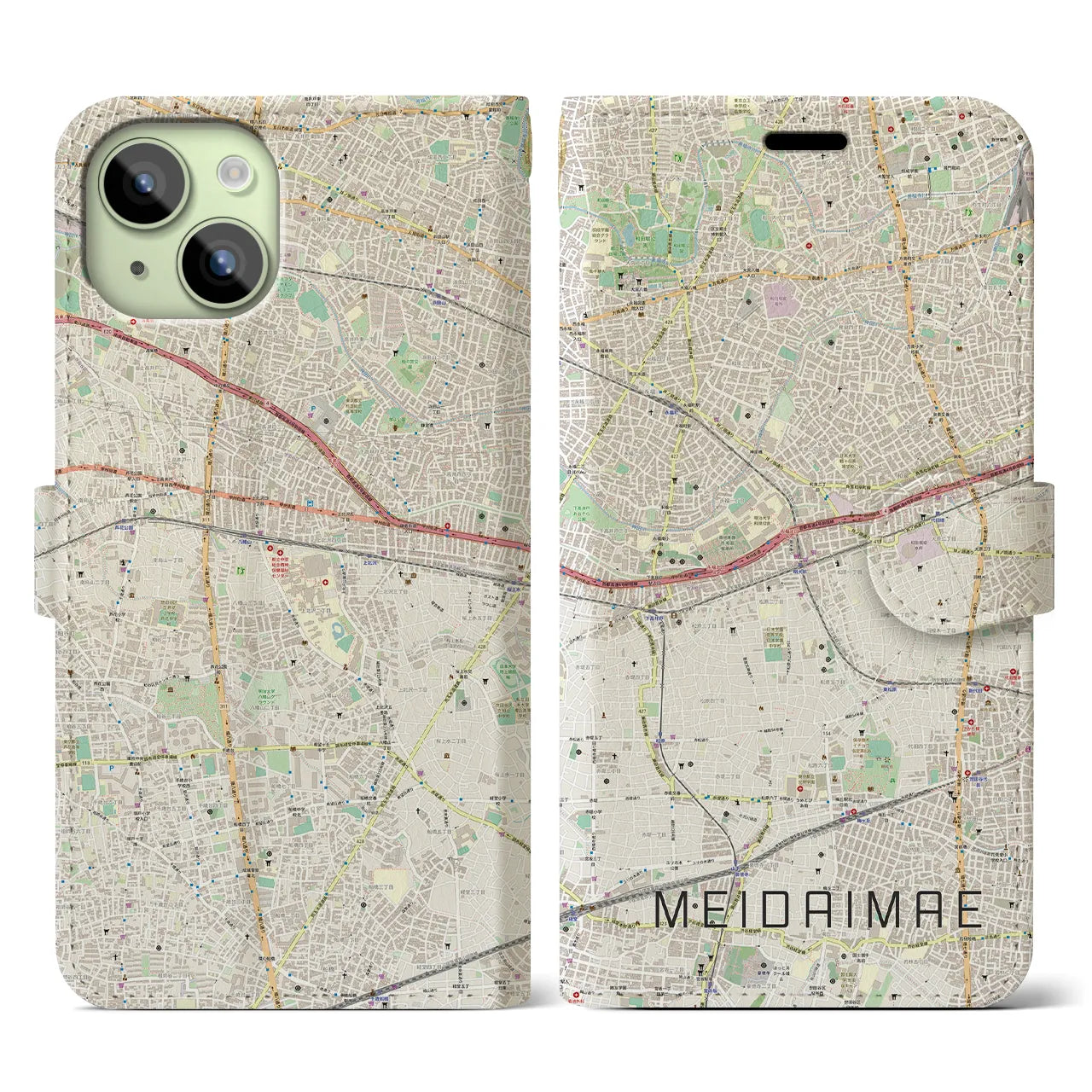【明大前】地図柄iPhoneケース（手帳両面タイプ・ナチュラル）iPhone 15 用