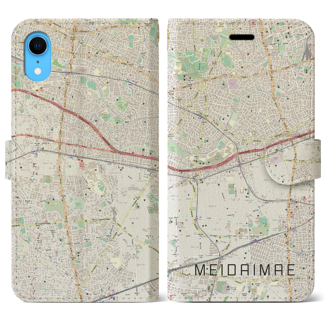 【明大前】地図柄iPhoneケース（手帳両面タイプ・ナチュラル）iPhone XR 用