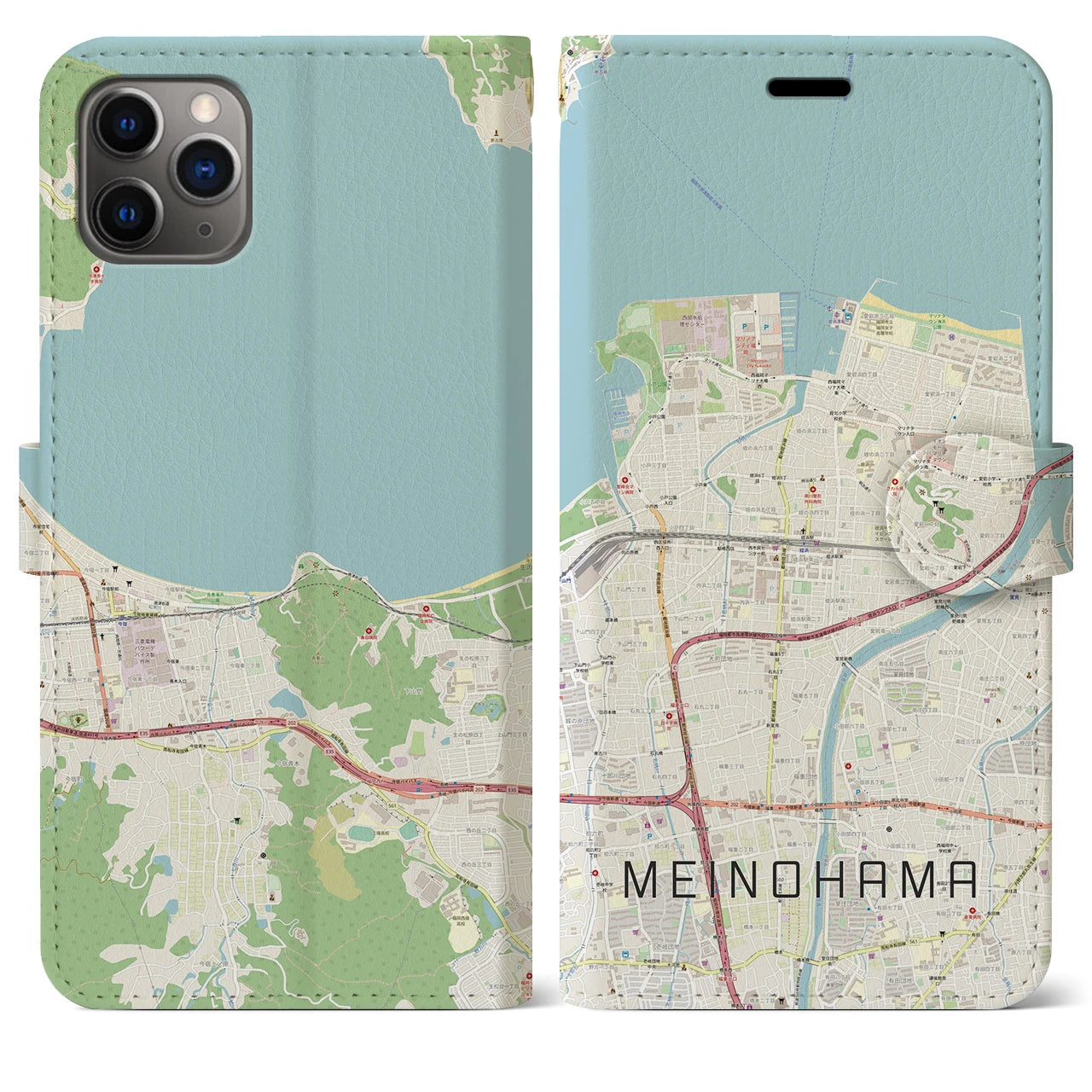 【姪浜】地図柄iPhoneケース（手帳両面タイプ・ナチュラル）iPhone 11 Pro Max 用