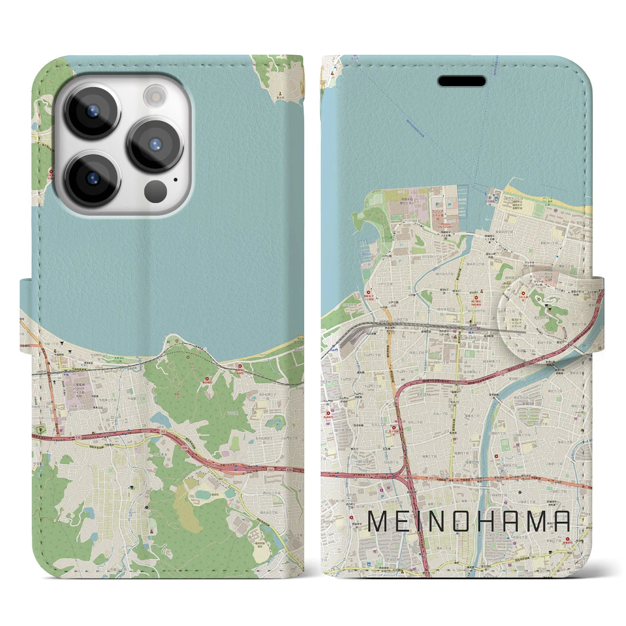 【姪浜】地図柄iPhoneケース（手帳両面タイプ・ナチュラル）iPhone 14 Pro 用
