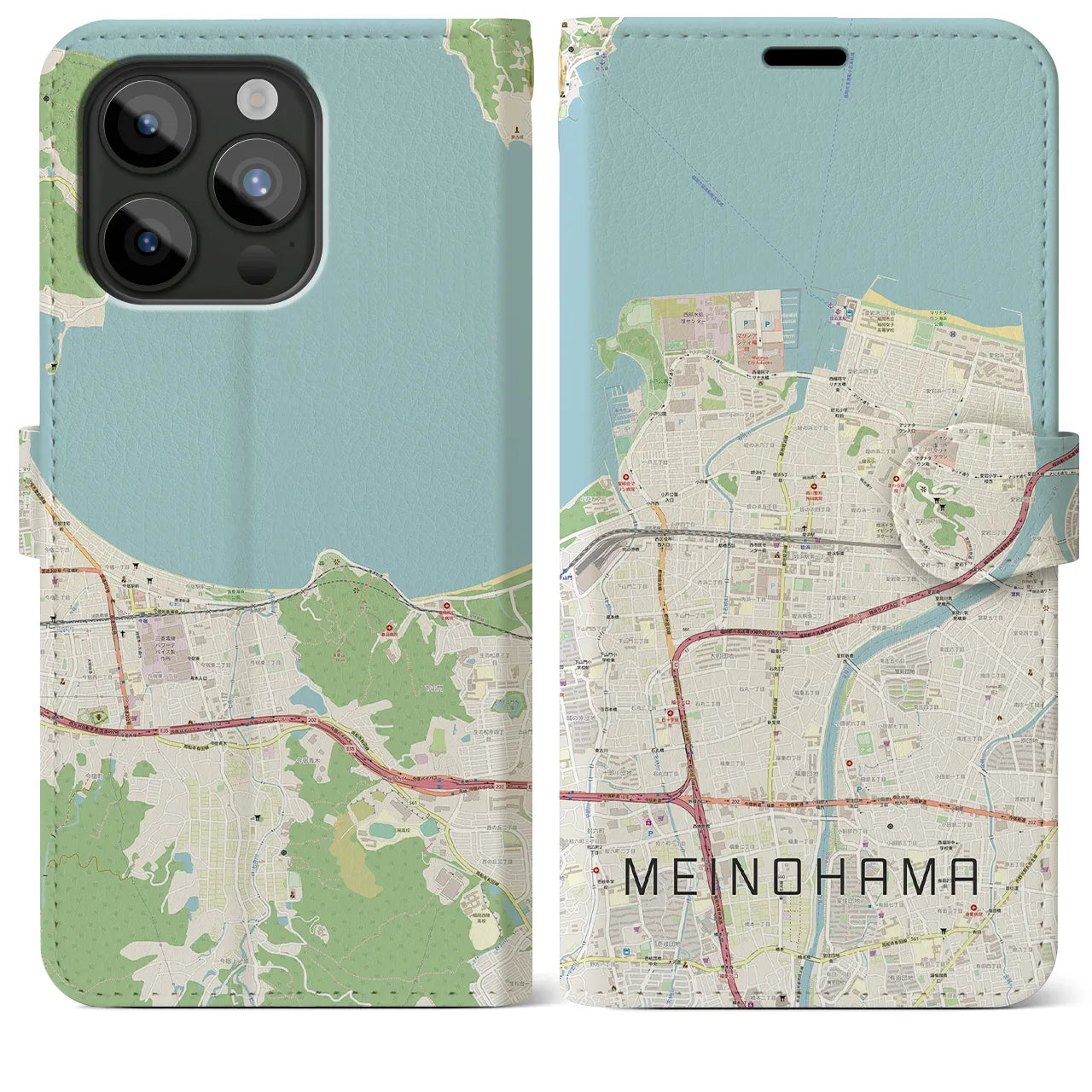 【姪浜】地図柄iPhoneケース（手帳両面タイプ・ナチュラル）iPhone 15 Pro Max 用