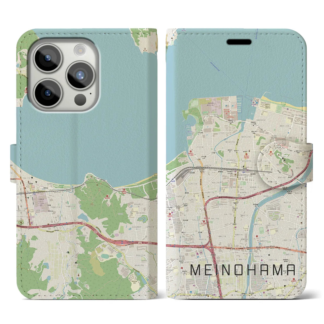 【姪浜】地図柄iPhoneケース（手帳両面タイプ・ナチュラル）iPhone 15 Pro 用