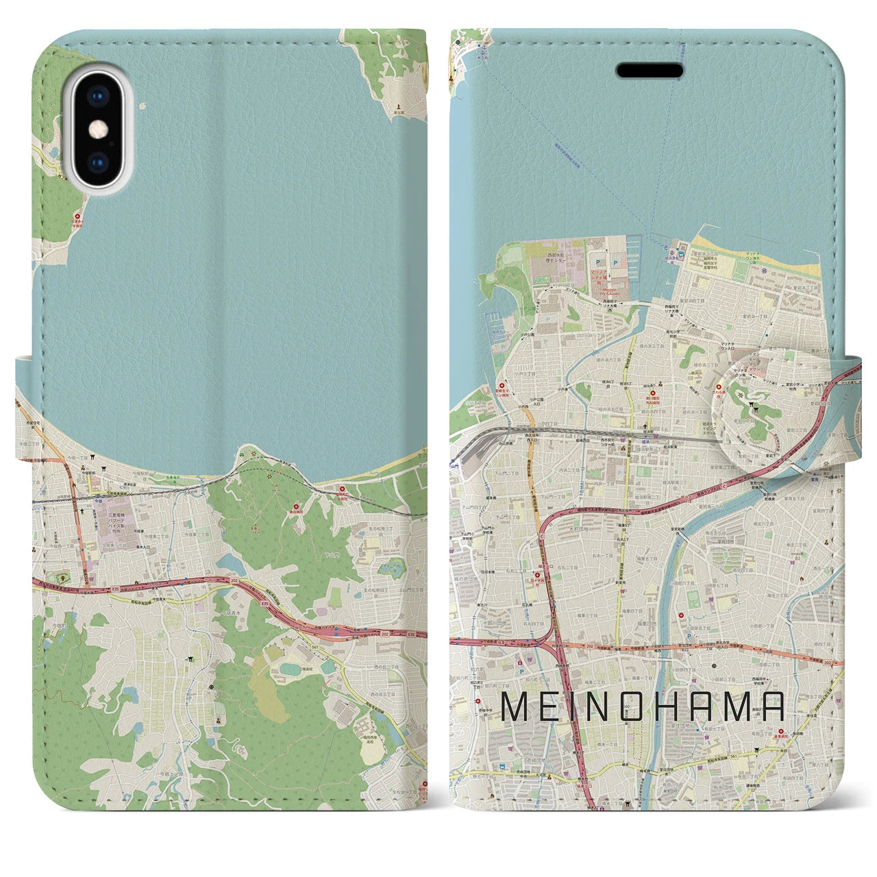 【姪浜】地図柄iPhoneケース（手帳両面タイプ・ナチュラル）iPhone XS Max 用