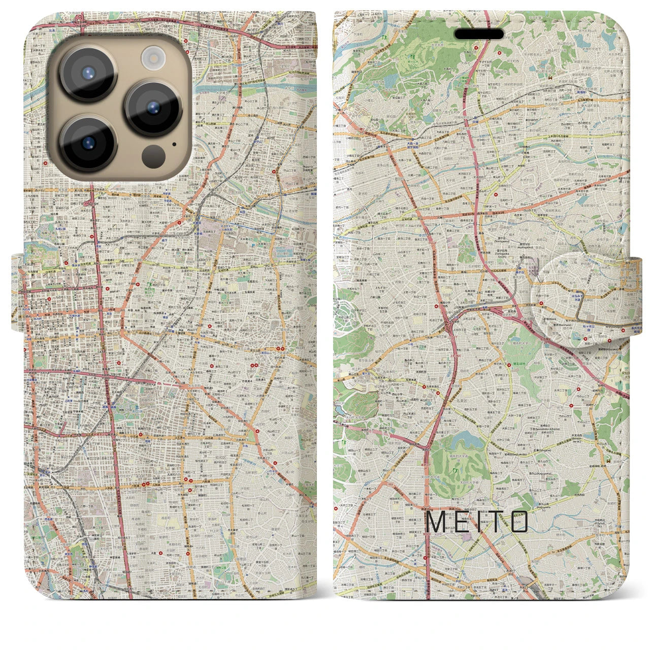 【名東】地図柄iPhoneケース（手帳両面タイプ・ナチュラル）iPhone 14 Pro Max 用