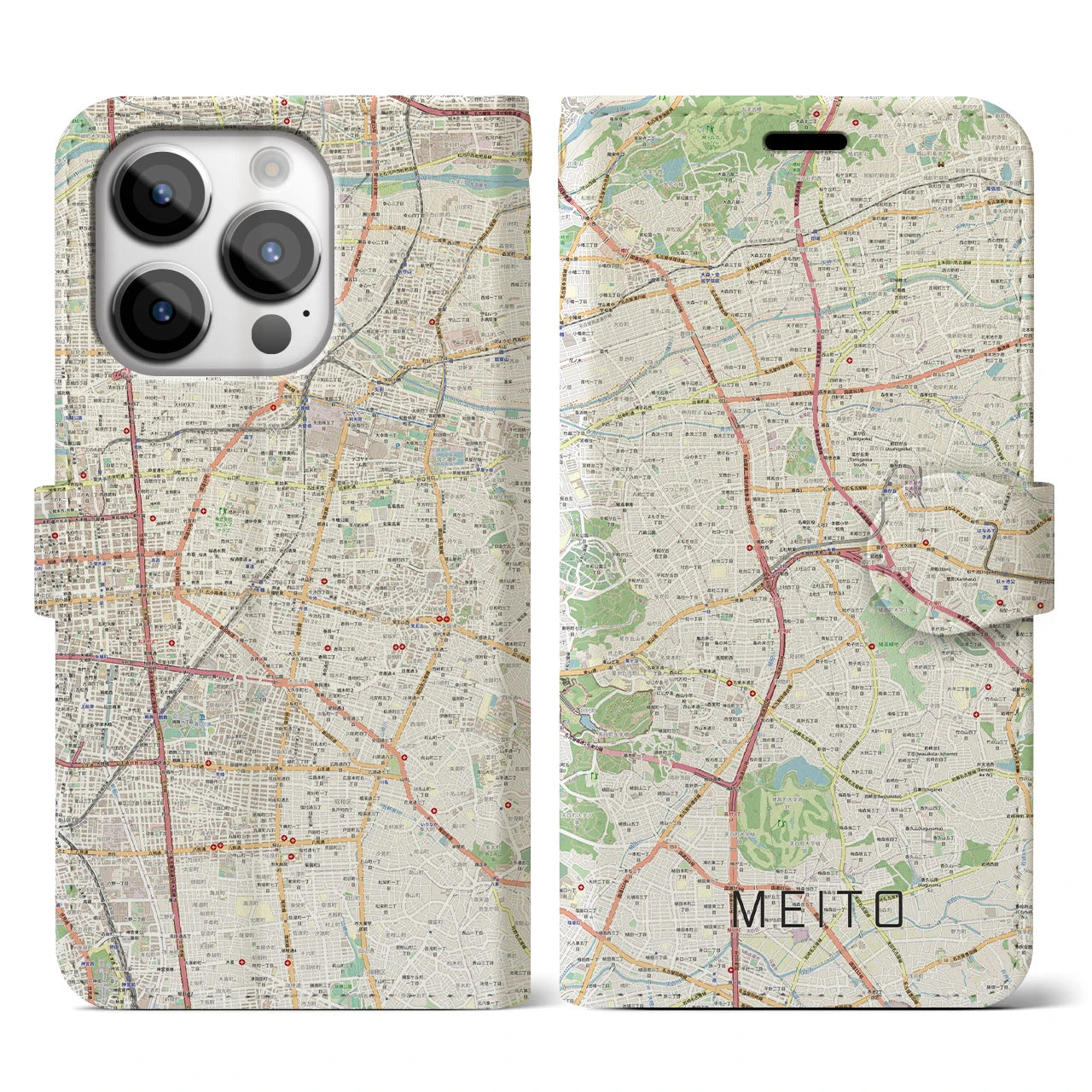 【名東】地図柄iPhoneケース（手帳両面タイプ・ナチュラル）iPhone 14 Pro 用