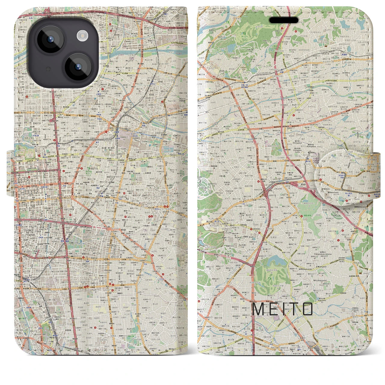 【名東】地図柄iPhoneケース（手帳両面タイプ・ナチュラル）iPhone 14 Plus 用