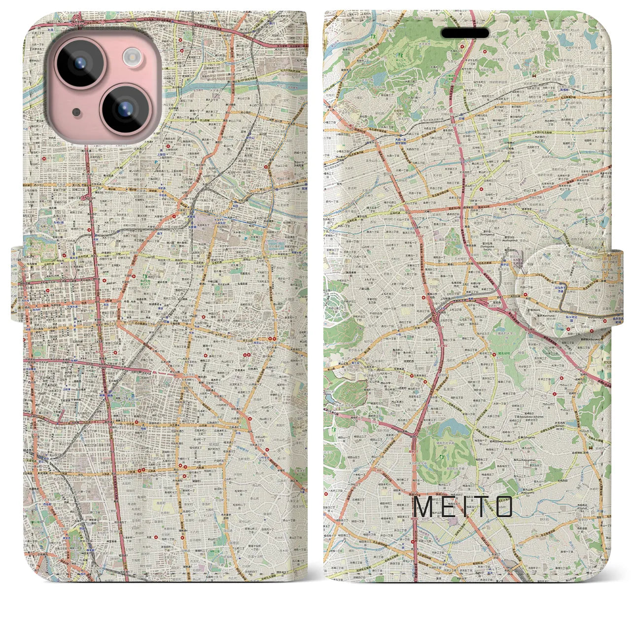 【名東】地図柄iPhoneケース（手帳両面タイプ・ナチュラル）iPhone 15 Plus 用