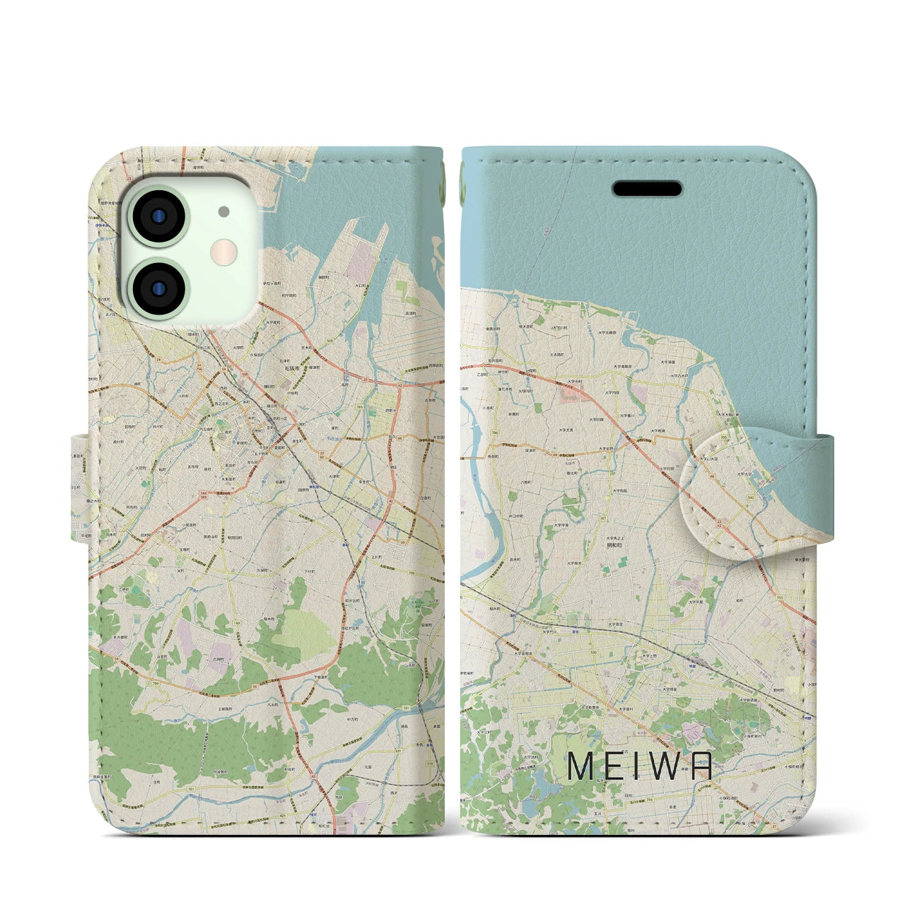 【明和】地図柄iPhoneケース（手帳両面タイプ・ナチュラル）iPhone 12 mini 用