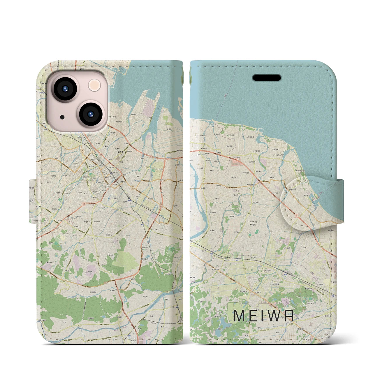 【明和】地図柄iPhoneケース（手帳両面タイプ・ナチュラル）iPhone 13 mini 用