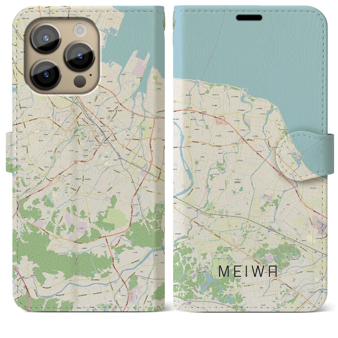 【明和】地図柄iPhoneケース（手帳両面タイプ・ナチュラル）iPhone 14 Pro Max 用